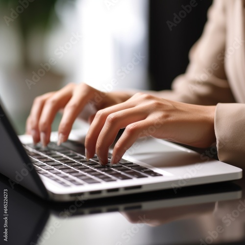 Close-up of female hands typing on laptop keyboard indoors. , AI Generated