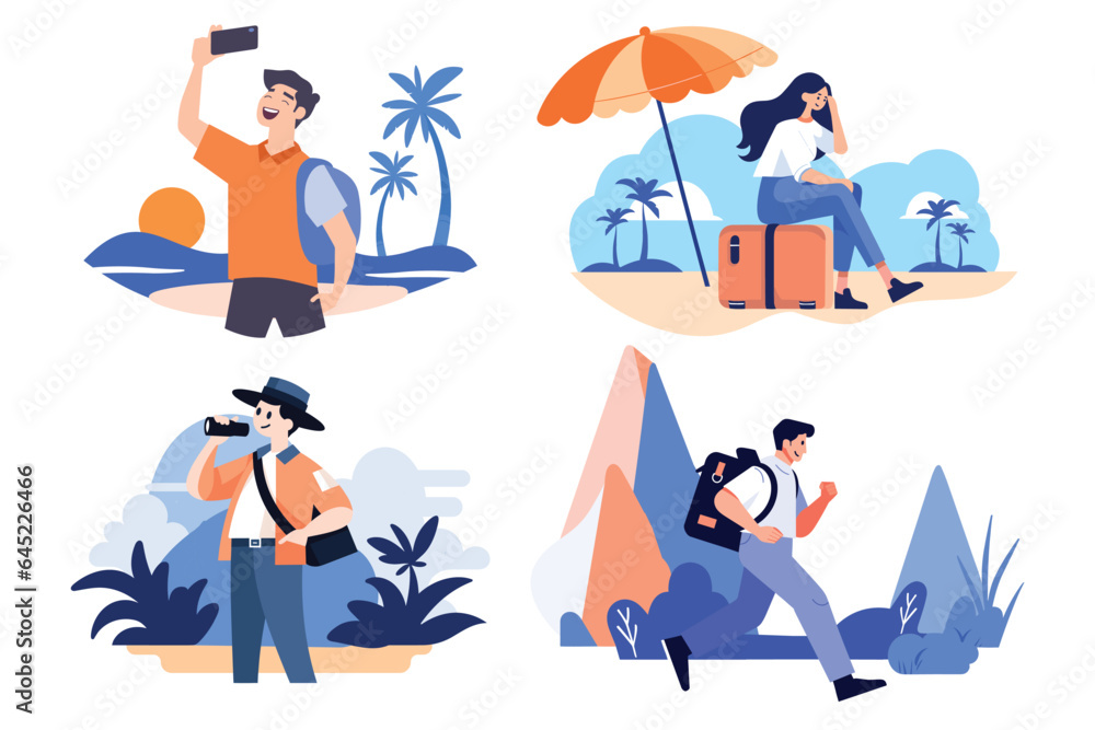 Hand Drawn Tourists relaxing by the sea on vacation in flat style Hand Drawn Tourists relaxing by the sea on vacation in flat style