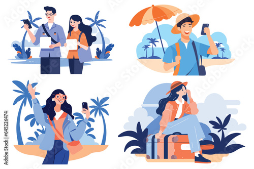 Hand Drawn Tourists relaxing by the sea on vacation in flat style