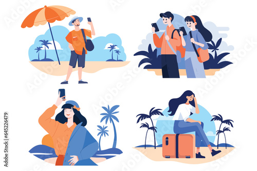 Hand Drawn Tourists relaxing by the sea on vacation in flat style