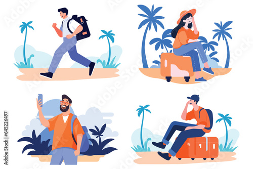 Hand Drawn Tourists relaxing by the sea on vacation in flat style