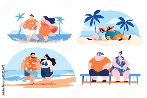 Hand Drawn overweight Tourists relaxing by the sea on vacation in flat style