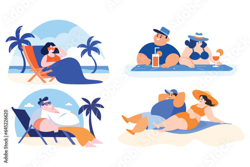 Hand Drawn overweight Tourists relaxing by the sea on vacation in flat style