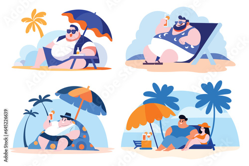 Hand Drawn overweight Tourists relaxing by the sea on vacation in flat style