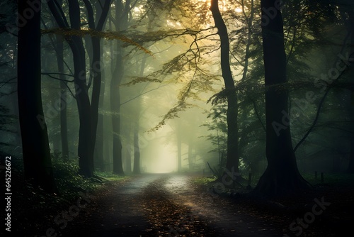 Path through the forest in the morning fog. Panoramic image