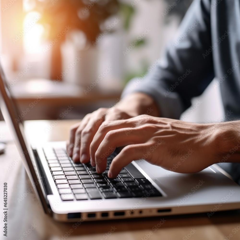 Close-up of male hands typing on laptop keyboard indoors. , AI Generated Close-up of male hands typing on laptop keyboard indoors. , AI Generated