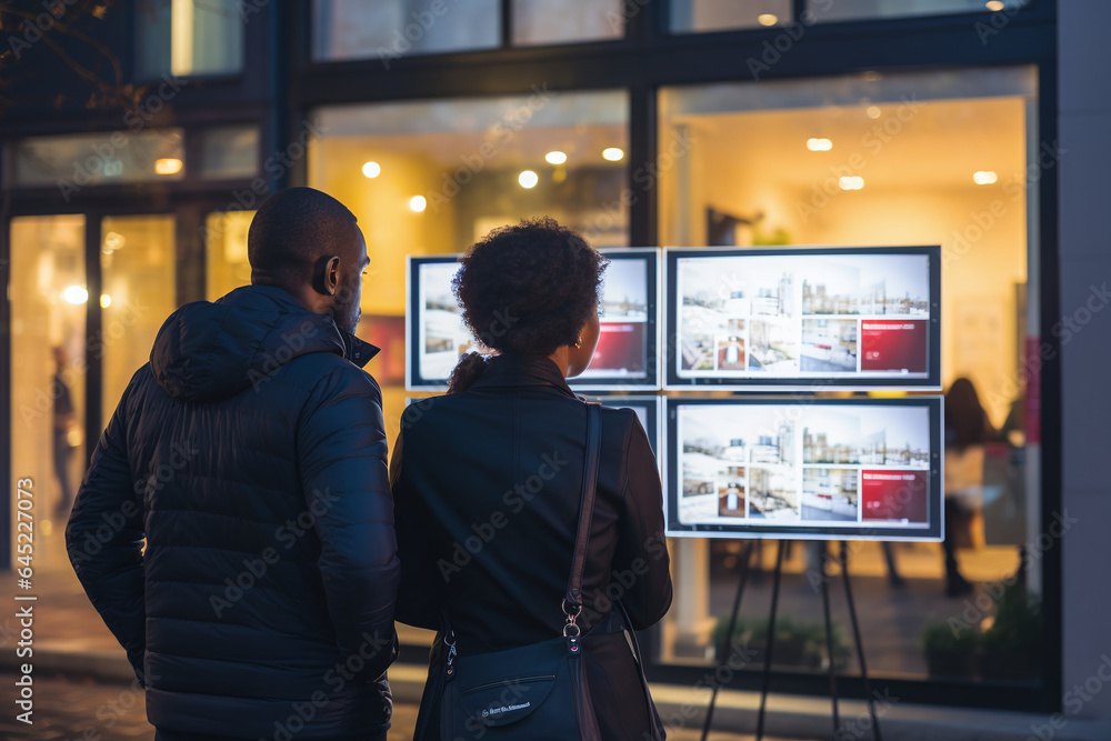 Vue de dos d'un couple noir devant des annonces d'une agence immobilière » IA générative