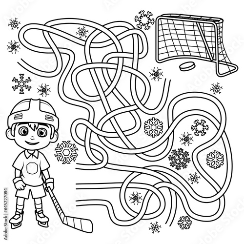 Puzzle for children. Labyrinth. You need to find the path of the hockey player and the hockey goal. Coloring book for children