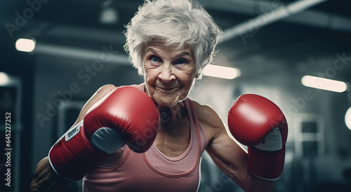 Ageless muscular fit old woman with grey hair energetic in with red boxing globes training in a box gym, happy having fun and smiling © IgnacioJulian