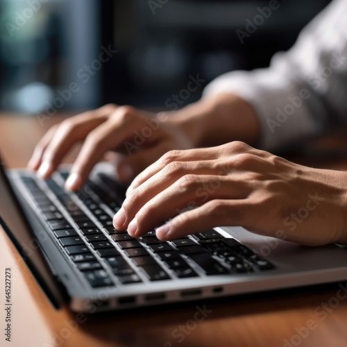 Close-up of male hands typing on laptop keyboard indoors. , AI Generated