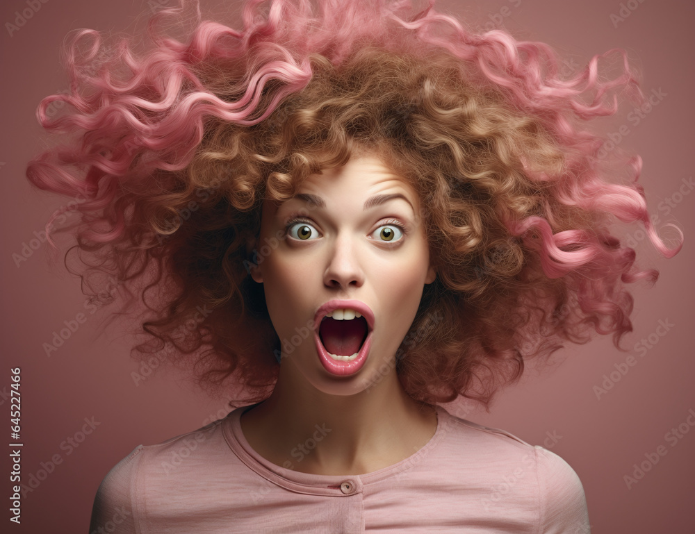 Surprised woman's expression looking at the camera with big open eyes, pink background, curly hair and pink extensions on hair Surprised woman's expression looking at the camera with big open eyes, pink background, curly hair and pink extensions on hair