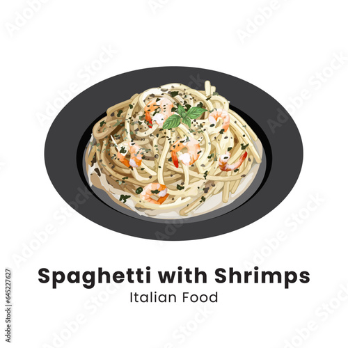 Spaghetti with heavy cream and roasted shrimps with garlic sauce and parmesan cheese. Vector illustration