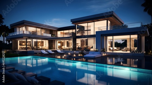 Luxury modern villa with swimming pool at night. Nobody inside