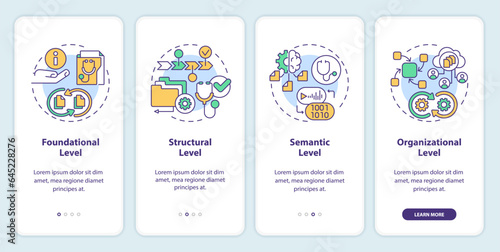 2D icons representing health interoperability resources mobile app screen set. Walkthrough 4 steps multicolor graphic instructions with line icons concept, UI, UX, GUI template.