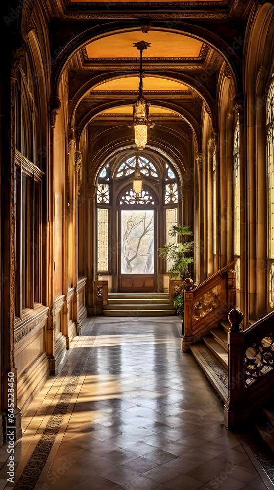 Panoramic view of a long corridor in a historic building.