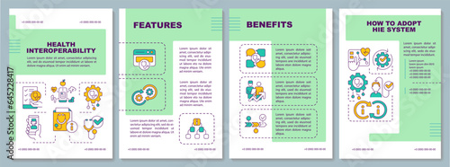 Green health interoperability resources brochure template, leaflet design with thin linear icons, 4 vector layouts.