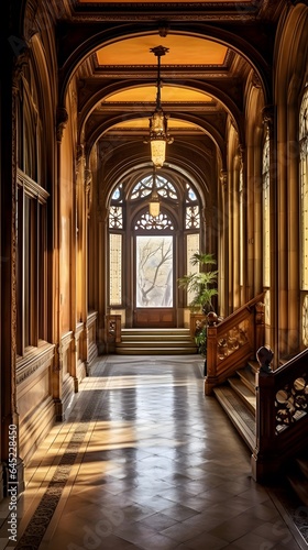 Panoramic view of a long corridor in a historic building.