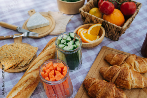 Picnic in the forest camping site with vegetables, juice, cheese, and croissants near mountain river. Fresh organic veggies surrounded with bread baguettes, salads.