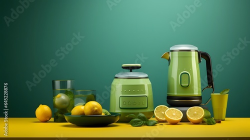 Green electric juicer and glass of lemonade with lemons on green background