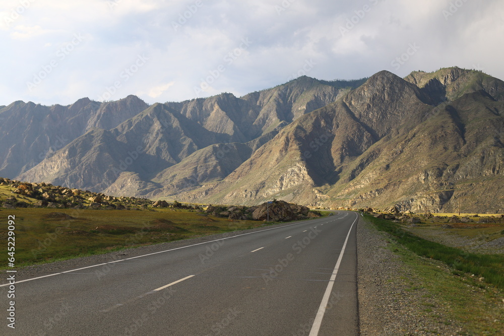 Landscape of one of the most beautiful roads in the world. Chuya Highway, route R256 on sunset.