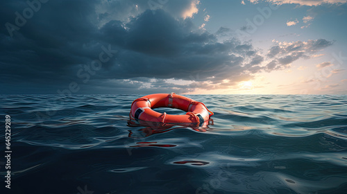 Fotografija Lifebuoy floating at sea - Generative AI