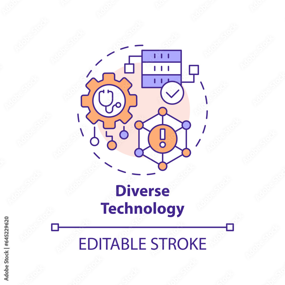 Fototapeta premium 2D editable multicolor icon diverse technology concept, isolated vector, health interoperability resources thin line illustration.