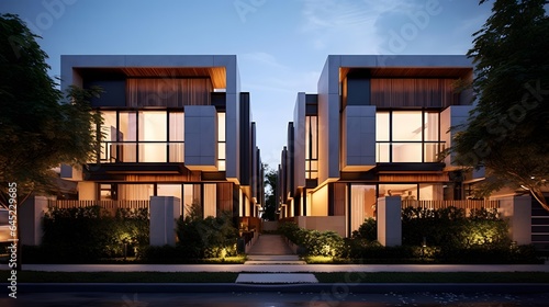 Modern Luxury Home Exterior at Night. Panoramic Image