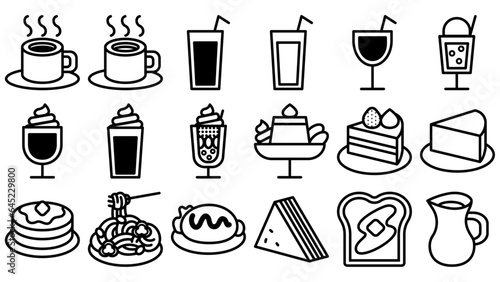 喫茶店・カフェメニューのアイコンセット。シンプルなベクター線画イラスト。
Cafe menu icon set. Simple vector line drawing illustrations.
