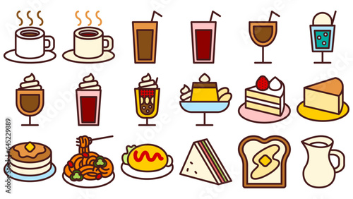 喫茶店・カフェメニューのアイコンセット。シンプルなベクター線画イラスト。
Cafe menu icon set. Simple vector illustrations.