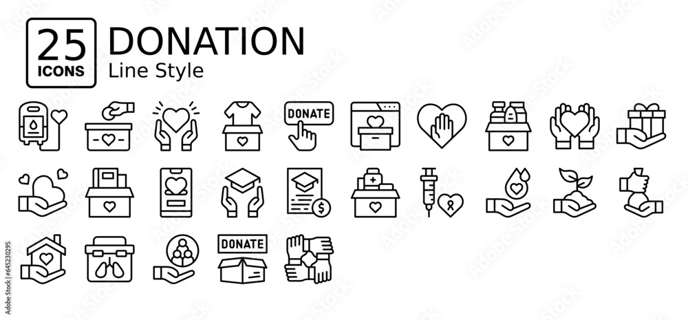 Donation icons in outline style. Collection of Donation icons for web design, app, and modern projects. Simple vector editable stroke, easy to use	
