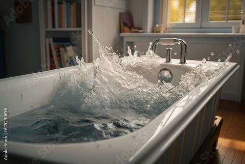 Leinwand Poster Une baignoire remplie d'eau dans une salle de bain » IA générative