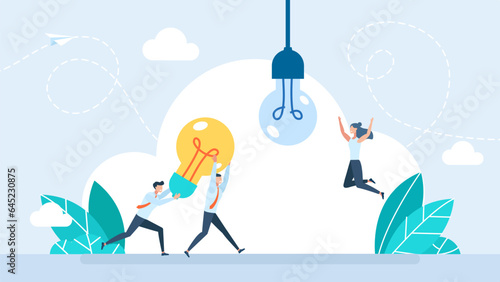Introduction of innovations.Replacing old ideas with new ones.  Business People change burned out light bulb to new one. A metaphor for business transformation and new solutions. Vector illustration