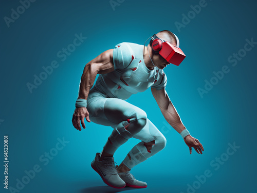 Sporty fitness muscular bodybuilder man wearing a futuristic outfit in motion jumping running dancing wearing a Virtual reality glasses headset. Red and blue. Playing a sport vr e-game.