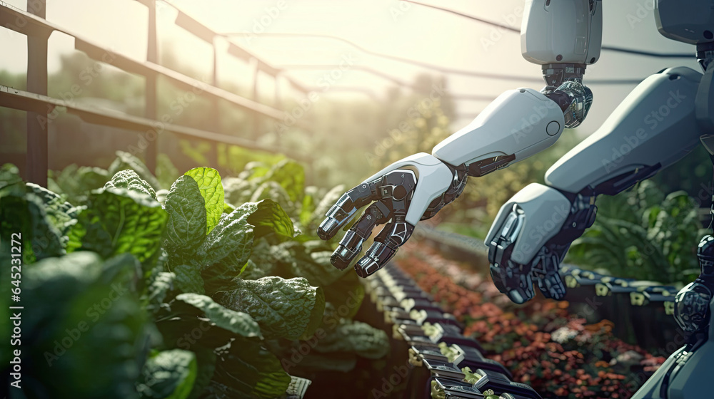 Agricultural technology concept, Smart farm and Automatic robot mechanical arm harvesting vegetables. Generative Ai