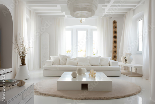 Greek style interior of living room in modern luxury house.
