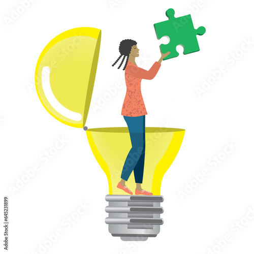 Woman, girl with idea and solution. Standing in ligtht bulb, holding a green puzzle, jigsaw piece. Isolated. Vector illustration. photo