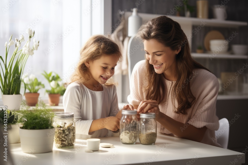 happy laughing mother and child wearing santa hats cooking and decorating Christmas cookies. AI Generated happy laughing mother and child wearing santa hats cooking and decorating Christmas cookies. AI Generated
