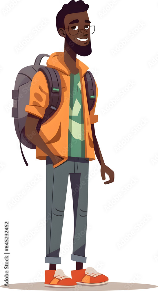 Male tourist character cartoon avatar full body with backpack, AI generated, PNG file no background