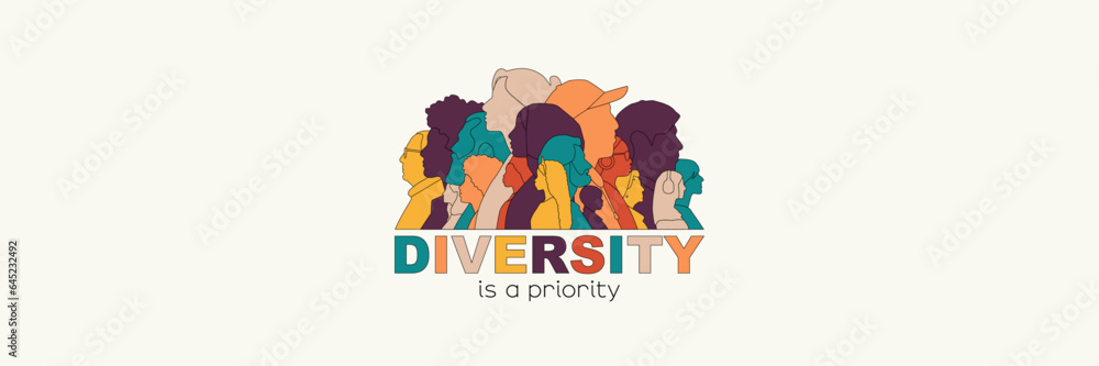 Diversity is a priority. Different people stand side by side together.	 Modern colour design.