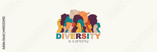 Diversity is a priority. Different people stand side by side together.	 Modern colour design.