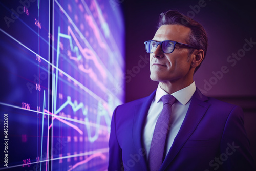 confident elegant successful businessman wearing a suit looking at a chart for investment and decision-making. Lights in purple and violet