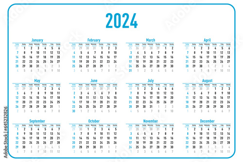 2024 year calendar on white background. Vector illustration