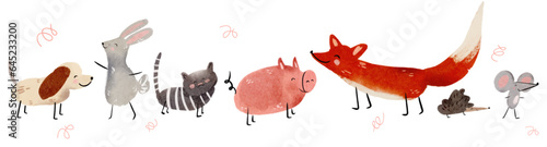 funny animals, colorful watercolor vector illustrations. animals birthday party clip art collection. watercolor, ready to print. perfect for invitation, nursery design, children products, baby shower 
