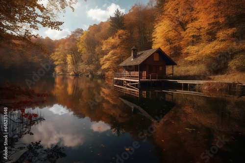 In the holiday cottage by the lake, the autumn scenery is charming and pleasant. 
