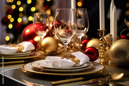 White, red and gold Happy New Year elegant fine dining table place setting in gold theme Christmas and New Year decorations. 