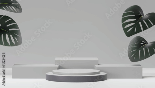 Abstract gray stage background product display podium scene with leaf platform. grey background vector with podium. stand to show cosmetic product. Stage showcase on display white background.