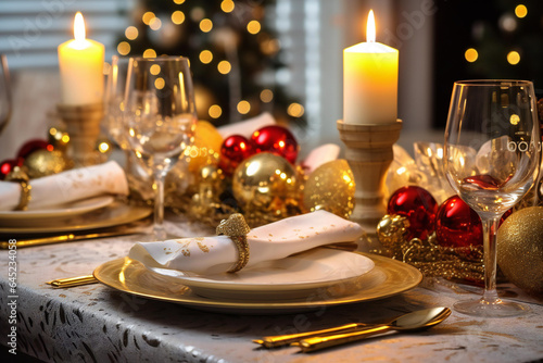 White, red and gold Happy New Year elegant fine dining table place setting in gold theme Christmas and New Year decorations.  © Hristina Andzic