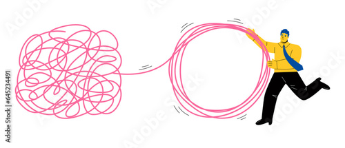 Tangle tangled and unraveled. abstract metaphor, business problem solving concept. Flat vector illustration isolated on white background