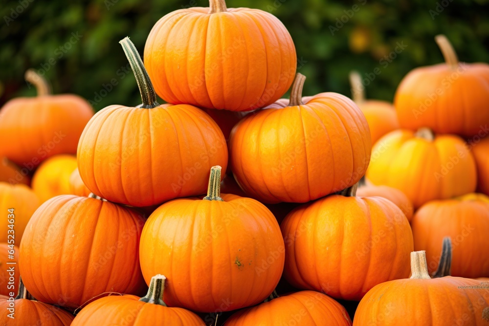 Lots of fresh real orange pumpkins stacked on top of each other, Generative AI Lots of fresh real orange pumpkins stacked on top of each other, Generative AI