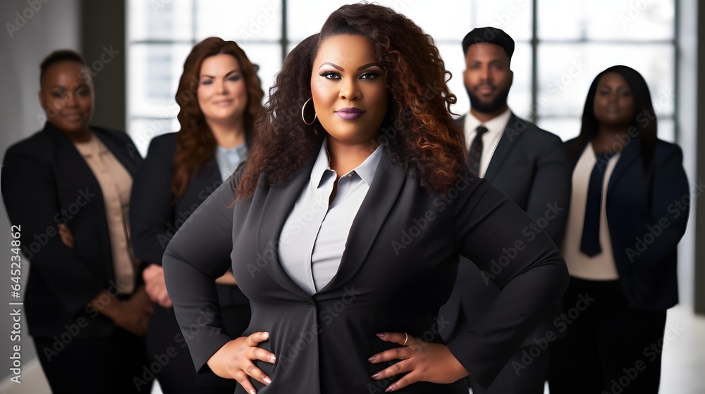 Obraz premium A confident plus-size woman leading a business meeting with authority and professionalism